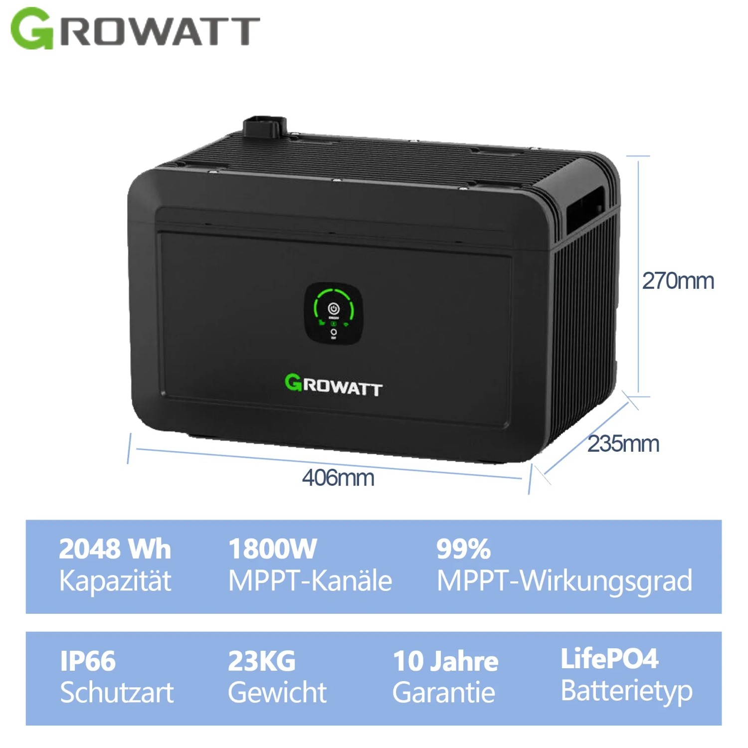 Growatt Noah 2000 Speichersystem für Balkonkraftwerk, 2048 Wh Kapazität, schwarzes Gehäuse.