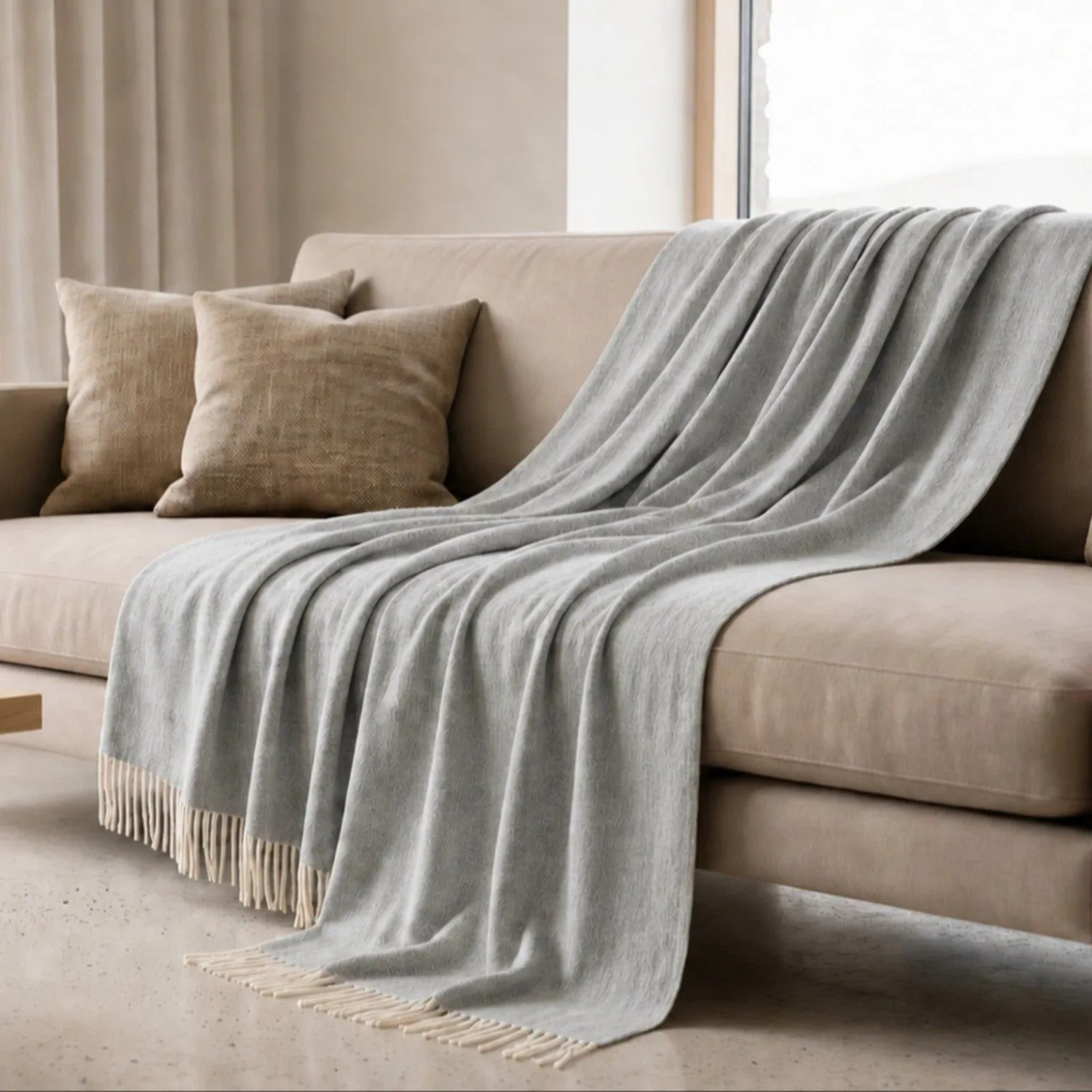 Hellgraue The White Stone Sofadecke aus Baumwoll-Mix, 130x170 cm, mit Fransen auf beigem Sofa.