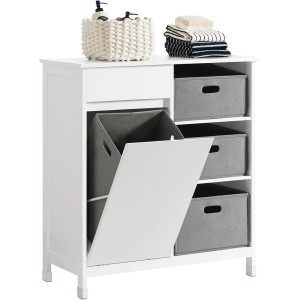 SoBuy Wäscheschrank BZR77-W mit Wäschesäcken und Schublade, weißes Badmöbel-Set.