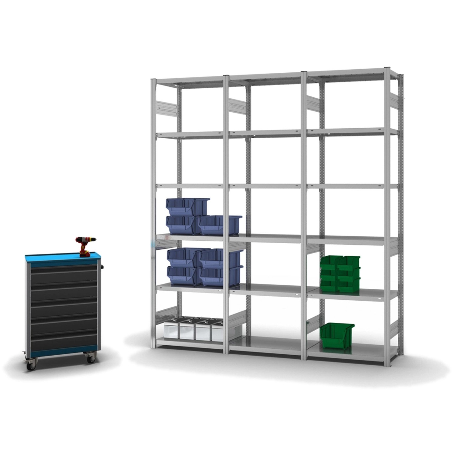 Verzinktes PROREGAL Steckregal mit 6 Ebenen, 250x75x40 cm, beidseitig nutzbar, mit blauen und grünen Boxen.