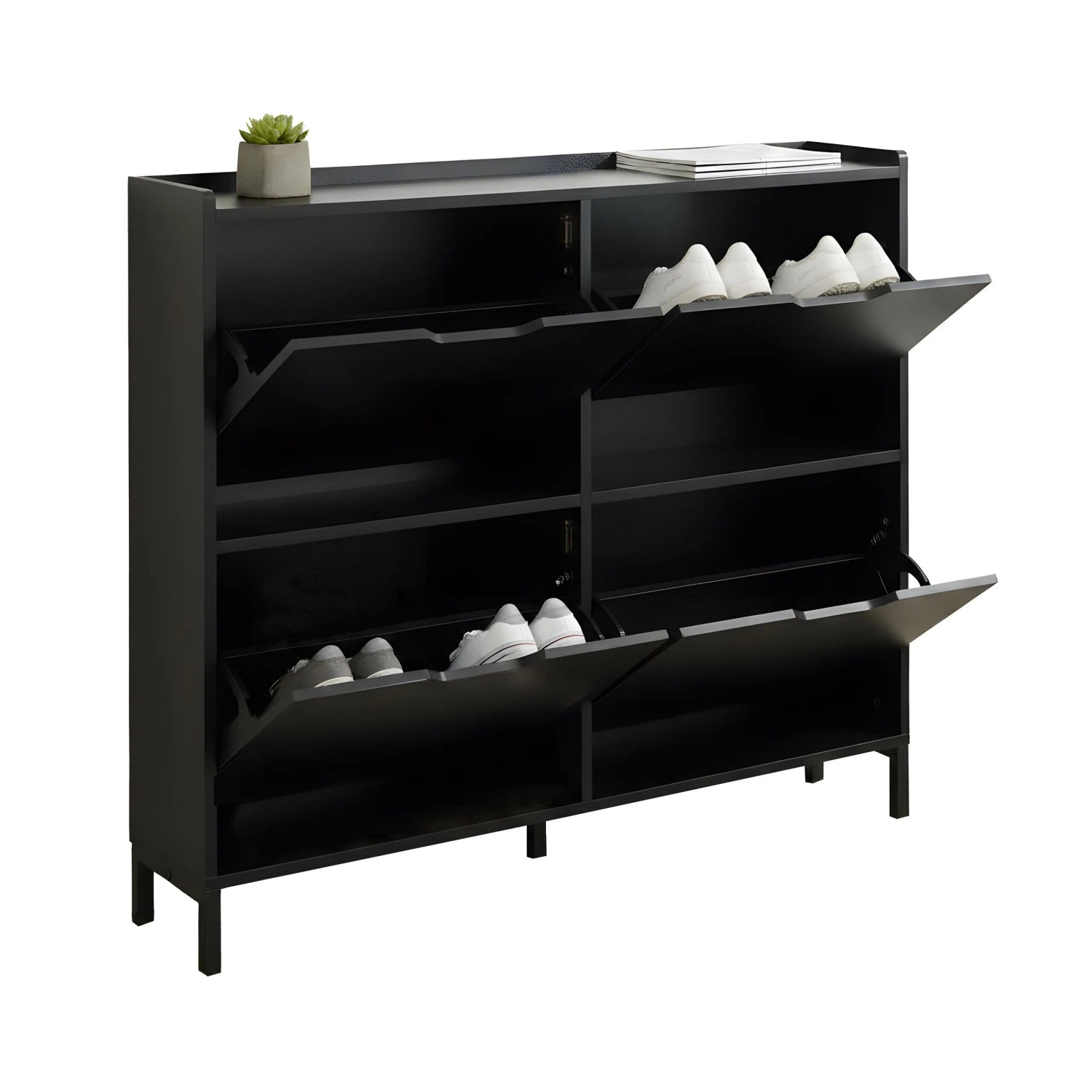Relaxdays Schuhkipper MDF Eisen Schwarz mit 4 Fächern 90 cm x 100 cm x 19 cm 22,4 kg