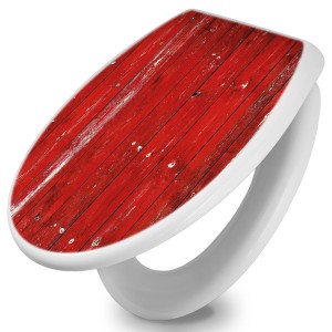 Weißer WC-Sitz mit Absenkautomatik und rotem Holzlatten-Motiv von Banjado.