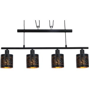 Schwarze Globo Pendelleuchte Tunno aus Metall mit vier Lampenschirmen und goldener Innenseite.