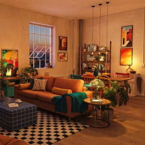 Philips Smart-LED-Leuchtmittel E27 in Glühlampenform erhellen gemütliches Wohnzimmer mit warmer RGB-Lichtstimmung.