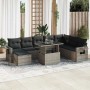 Graue 9-teilige vidaXL Garten-Sofagarnitur aus Polyrattan mit Kissen und verstellbarem Tisch.