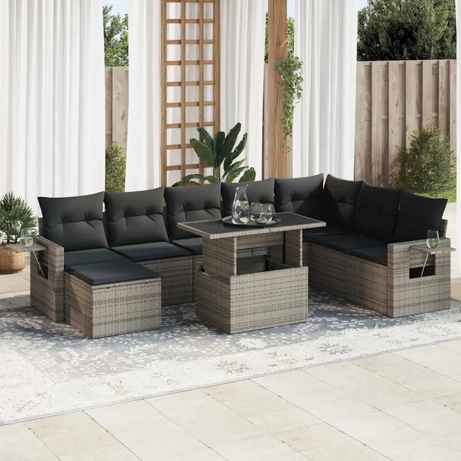 Graue 9-teilige vidaXL Garten-Sofagarnitur aus Polyrattan mit Kissen und verstellbarem Tisch.