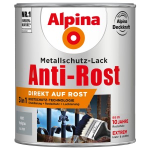 Dose Alpina Metallschutz-Lack Anti-Rost Hellgrau matt, 750ml, mit 3in1 Rostschutz Technologie.