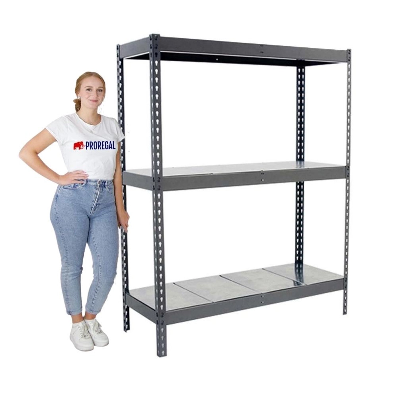 Graues PROREGAL Schwerlastregal Big Metal Yeti mit drei Böden, 200x150x45 cm, Fachlast 400 kg.