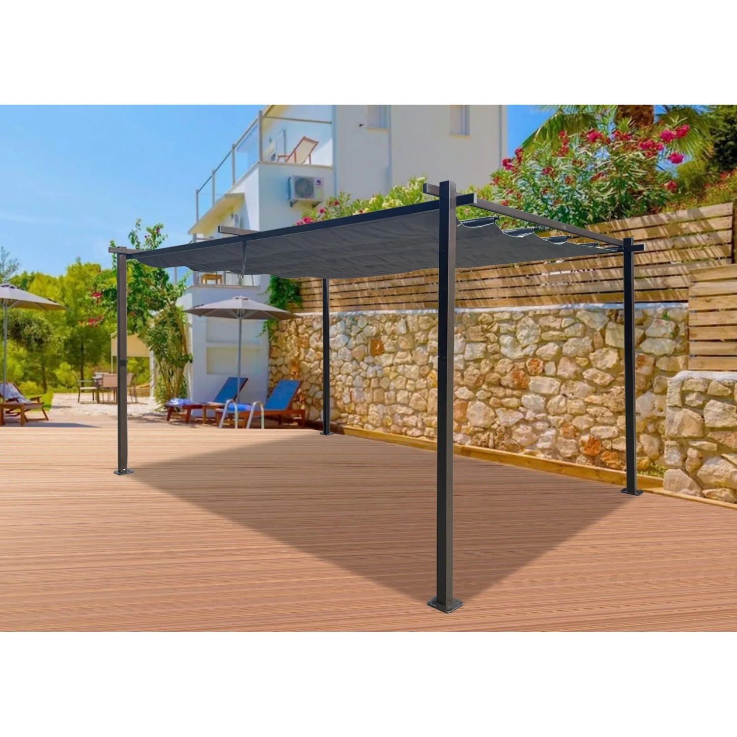 Anthrazitfarbener Jet-Line Gartenpavillon Luxor Light aus Aluminium mit Schiebedach.