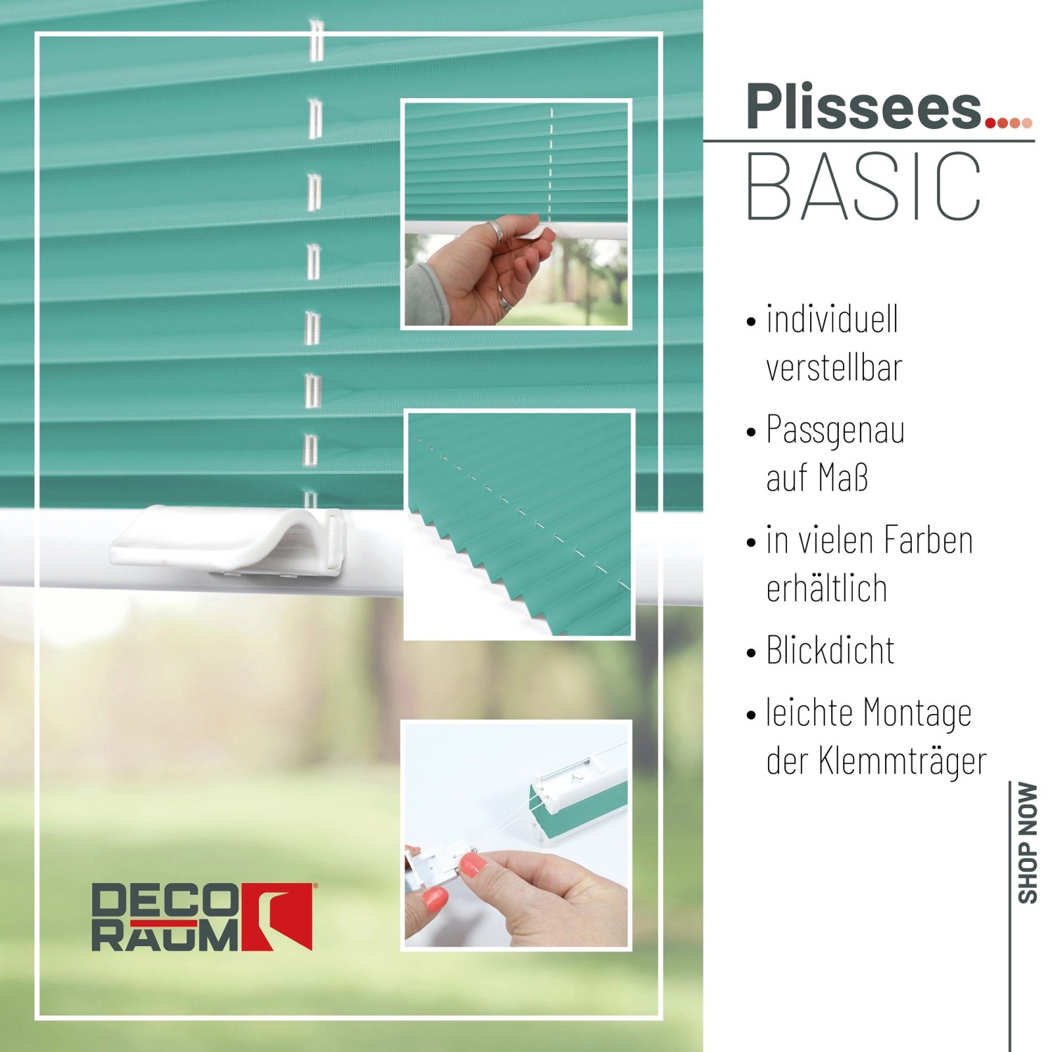 Türkisfarbenes Deco-Raum Plissee Basic 95x210 cm, blickdicht, ohne Bohren mit Klemmfix-System.