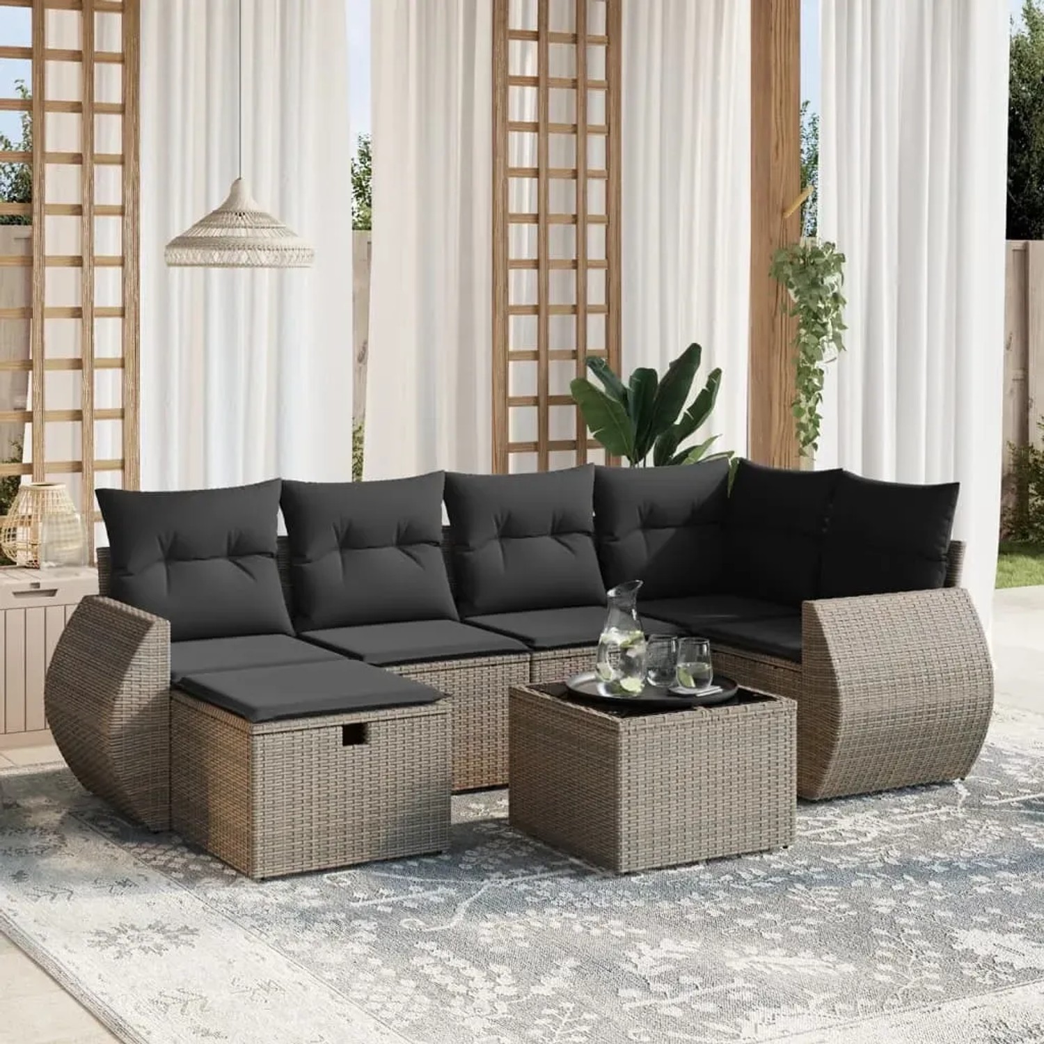 Graue 7-tlg. vidaXL Garten-Sofagarnitur aus Polyrattan mit Kissen und Tisch.