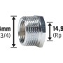 Verchromtes Gewinde-Reduzierstück aus Messing, 14,9 mm (Rp 3/8) x 26,4 mm (R 3/4) für Gewindefittings.