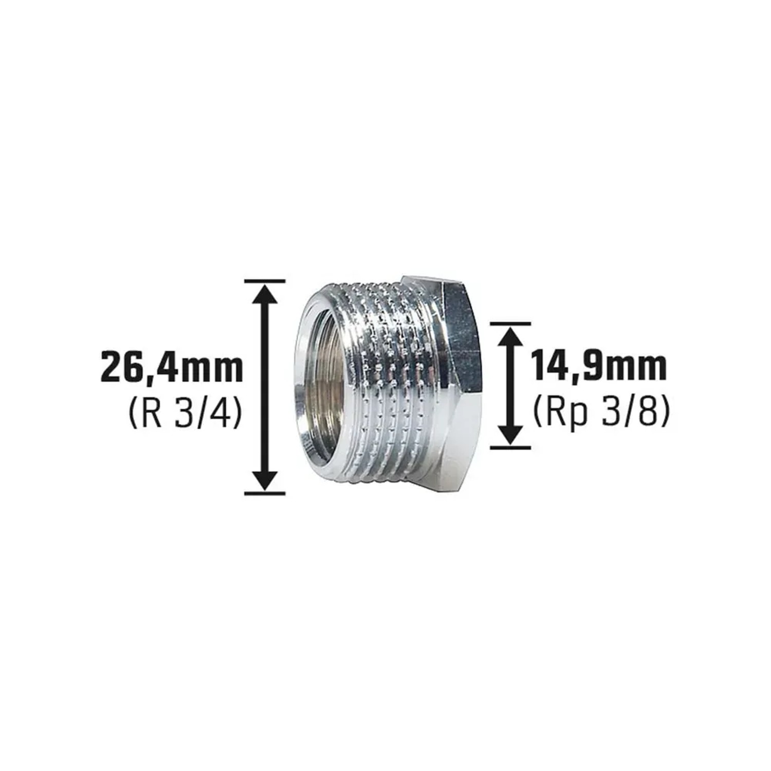 Verchromtes Gewinde-Reduzierstück aus Messing, 14,9 mm (Rp 3/8) x 26,4 mm (R 3/4) für Gewindefittings.