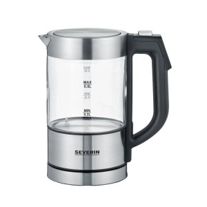 Severin Wasserkocher WK 3458 aus Glas und Edelstahl, mit schwarzem Griff, Warmhaltefunktion und Temperaturwahl.