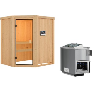 Woodfeeling Sauna Faurin mit Bio-Ofen und Glastür, Massivholzsauna für entspannende Stunden.
