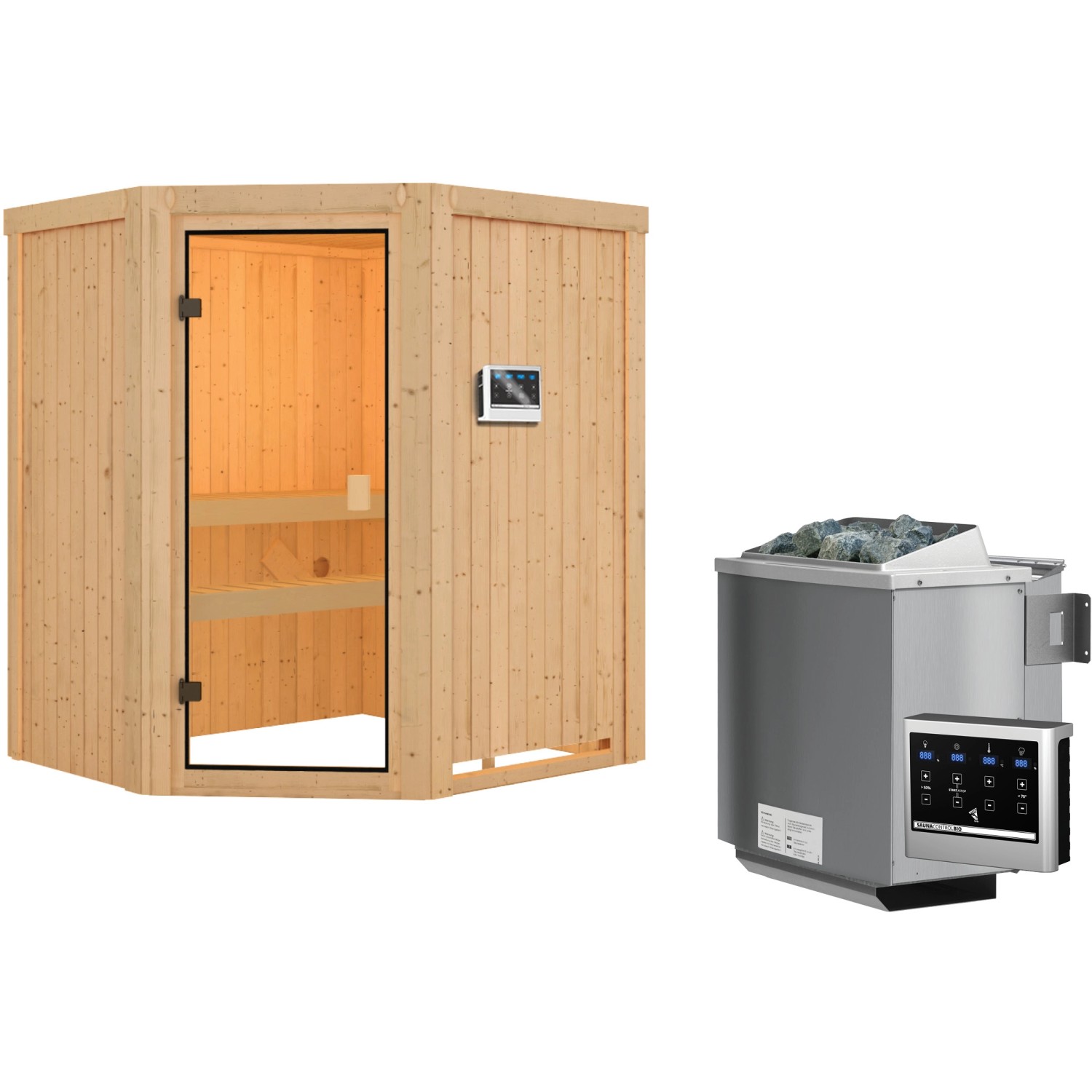 Woodfeeling Sauna Faurin inkl. 9 kW Bio-Ofen mit ext. Strg., Glastür Bronziert