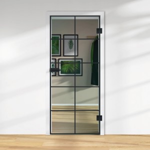 Glasdrehtür mit schwarzem Siebdruck Dekor, ESG Klarglas, DIN Rechts, für mehr Licht im Raum.