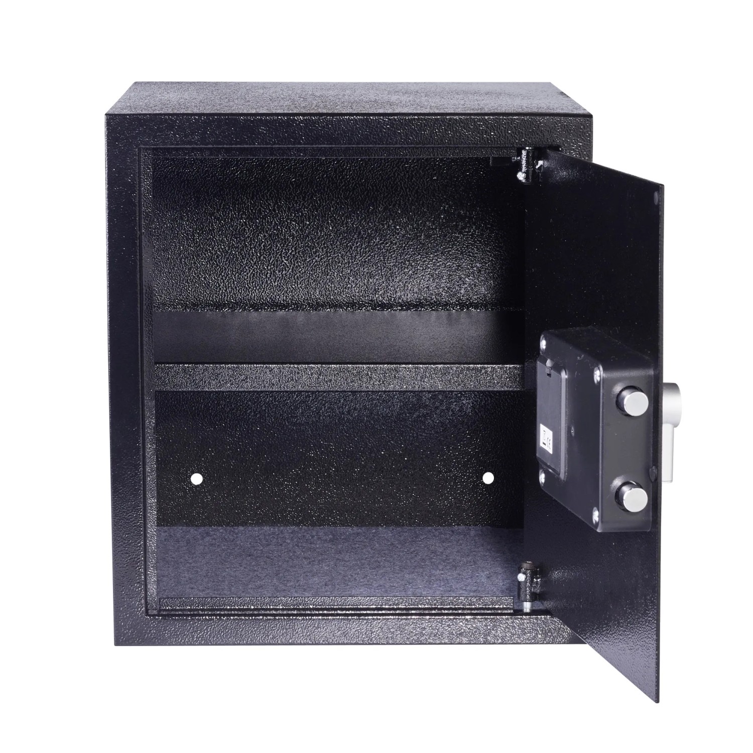 Offener, schwarzer Yale Tresor Value Safe L (40 l) mit digitalem Schloss und Fachboden.