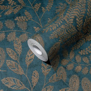 PROFHOME Vliestapete mit floralem Muster in Blau, Gold und Petrol. Dekorative Tapete mit Natur- und Textiloptik.