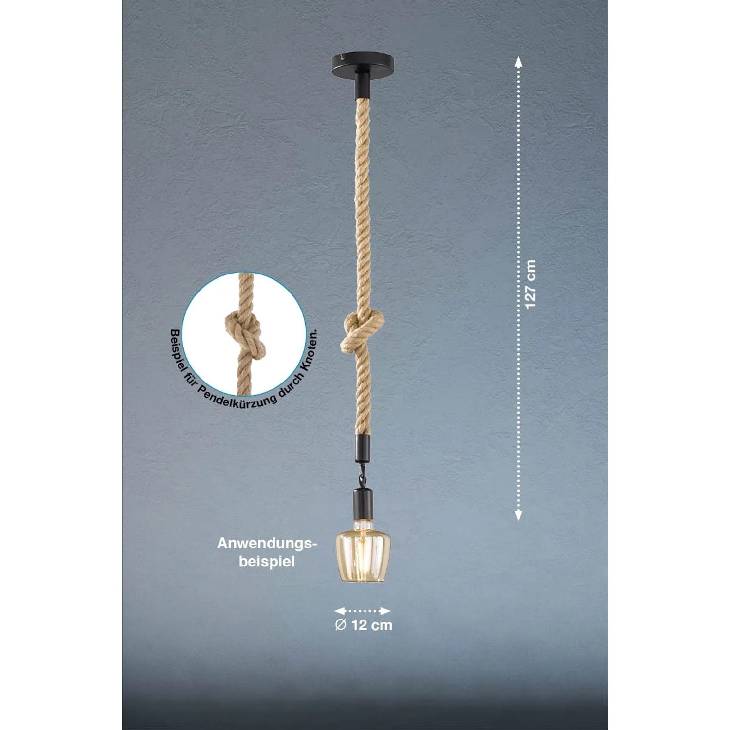 Schwarze Fischer & Honsel Pendelleuchte Rope mit Hanfseil, 1-flammig, für den Innenbereich.