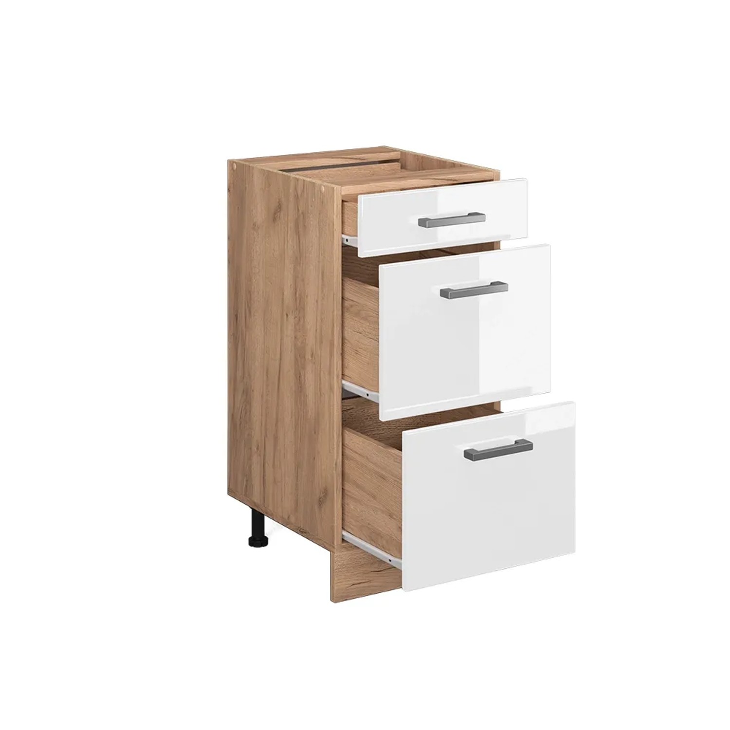 Vicco Küchenunterschrank R-Line, 40 cm, Weiß Hochglanz/Goldkraft Eiche mit drei Schubladen.