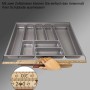 Silbergrauer SOTECH ORGA-BOX II Besteckeinsatz für Nobilia Schubladen, mit Zollstöcken zum Messen der Innenmaße.