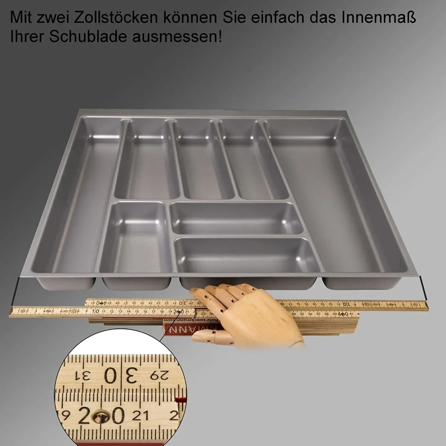 Silbergrauer SOTECH ORGA-BOX II Besteckeinsatz für Nobilia Schubladen, mit Zollstöcken zum Messen der Innenmaße.