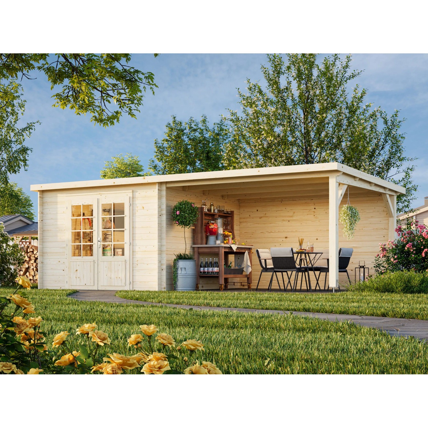 Palmako Ella Holz-Gartenhaus Grau Flachdach Tauchgrundiert 652 cm x 300 cm