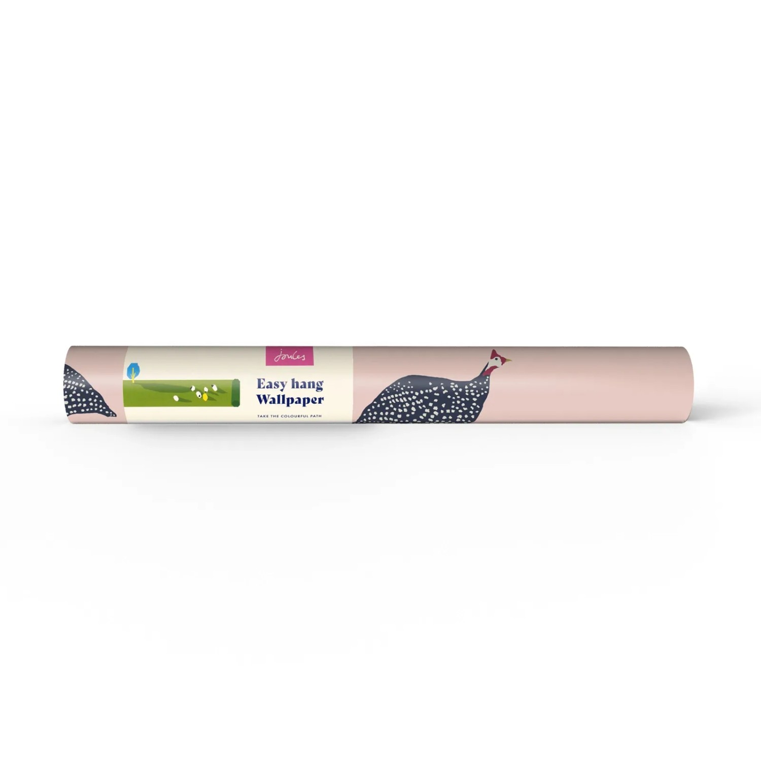 Gerollte Joules Vliestapete Guinea Fowl Blush Pink mit Perlhuhn-Motiv.