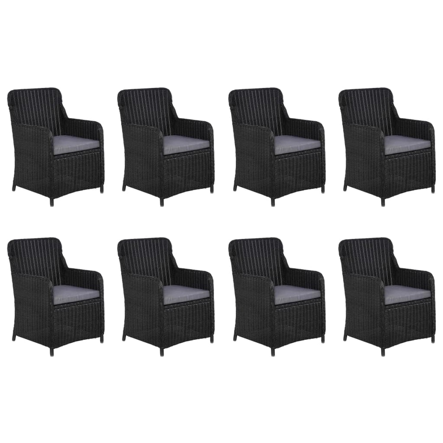vidaXL Garten-Essgruppe, 9-teilig, schwarzes Rattan, 8 Stühle mit grauen Kissen.