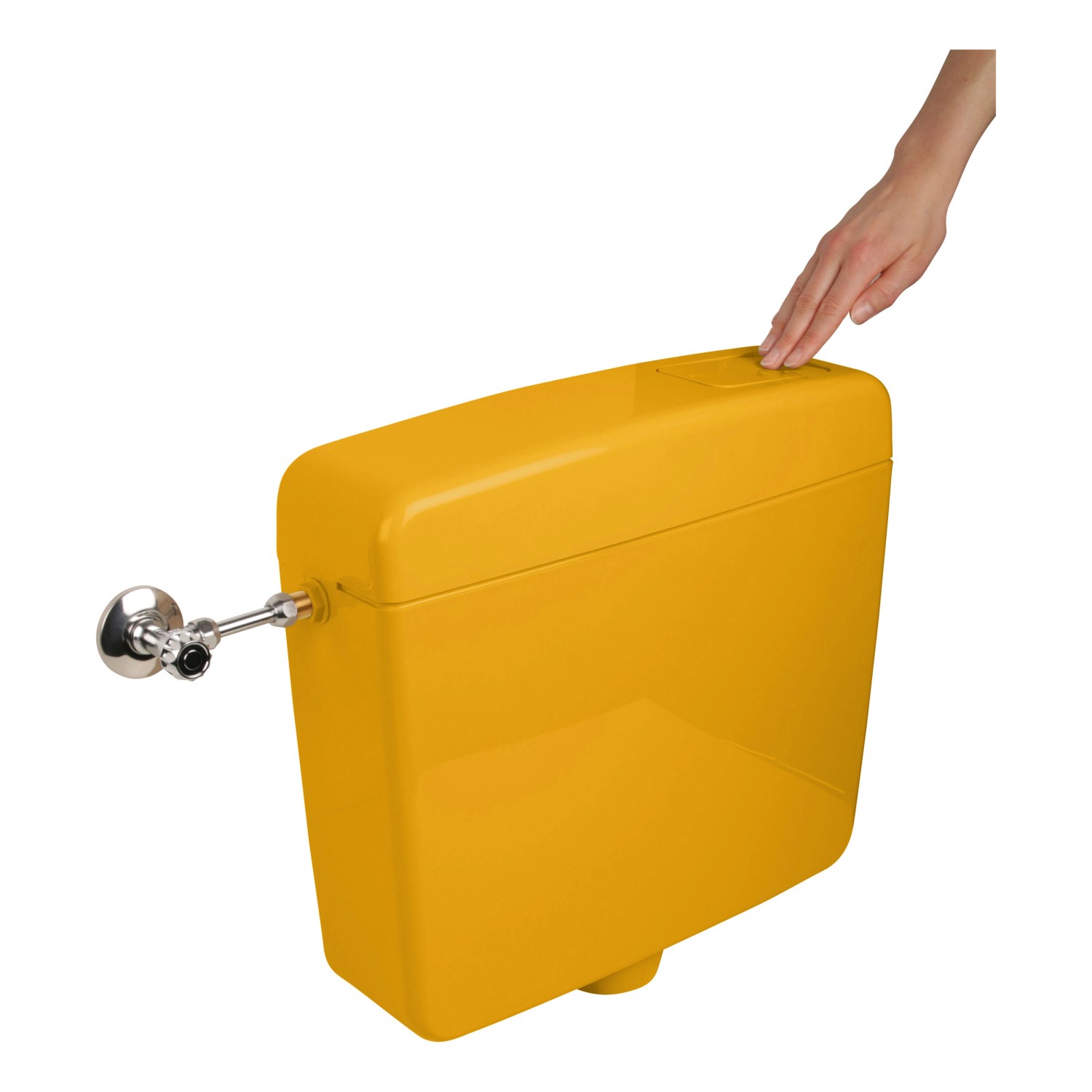 Aufputz-Spülkasten in Curry-Gelb mit Spül-Stopp Funktion und seitlichem Eckventil.