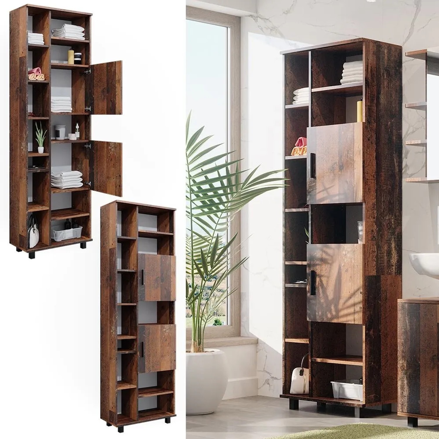 Vicco Badschrank Ilias Eiche Rustikal, 60x190cm, mit Türen und offenen Fächern.