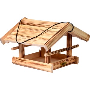 Geflammtes Kiefer Vogelhaus Quemado, 30x34,5x22,5cm, mit Kordel zum Aufhängen. Rustikaler Vogelfutterspender.