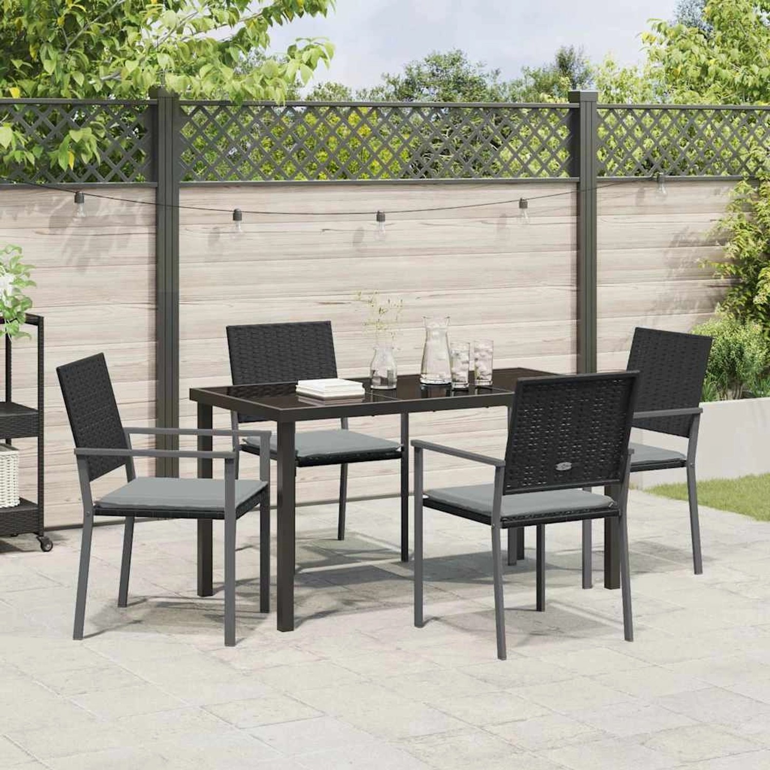 Schwarze 5-tlg. Garten Essgruppe aus Poly Rattan von vidaXL mit Tisch und 4 Stühlen.