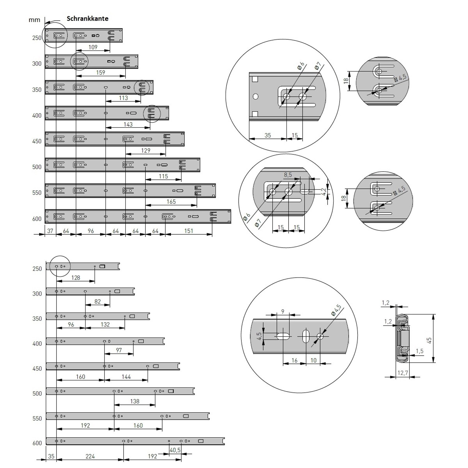 Technische Zeichnung: MS Beschläge Schubladenauszug Schwarz Vollauszug 600mm, verschiedene Längen und Detailansichten.