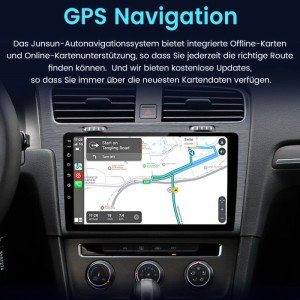 Junsun Autoradio mit GPS Navigation im VW Golf 7 Armaturenbrett. Zeigt Routenführung auf großem Touchscreen.