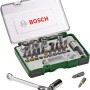 Bosch Promoline Bit- und Ratschen-Set, 27-teilig, mit Bits, Steckschlüsseln und Ratsche im grünen Koffer.