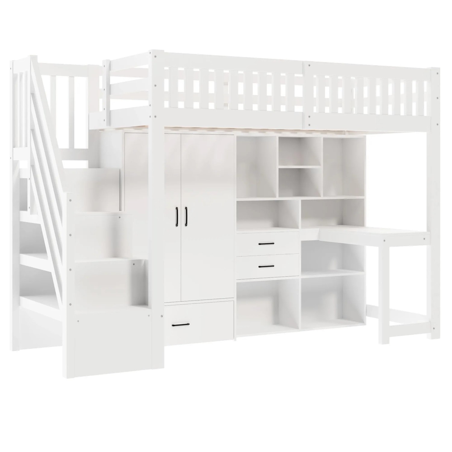 okwish Hochbett 90x200cm mit Kleiderschrank und Schreibtisch Weiß ohne Matratze
