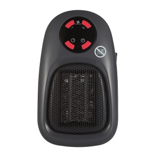 Schwarze BALDERIA SH500 Steckdosenheizung, ein kompakter Elektrokamin mit Display und Gitter.