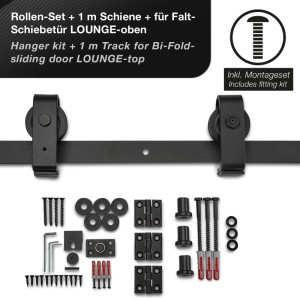 SOTECH LOUNGE Falt-Schiebetürbeschlag aus schwarzem Stahl. 1m Schiene, Rollen und Montageset für Falttüren.