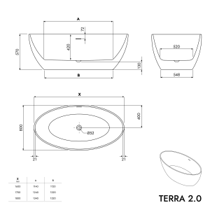 Technische Zeichnung der freistehenden Badewanne TERRA 2.0, Acryl, Weiß Matt, 180x80 cm, mit Maßen.
