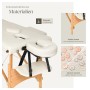 Beige Massageliege Freddi mit Zubehör: Kopfstütze, Armlehnen, Tragetasche. Holzgestell, Vinylbezug.