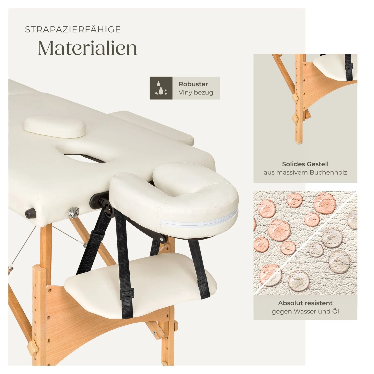 Beige Massageliege Freddi mit Zubehör: Kopfstütze, Armlehnen, Tragetasche. Holzgestell, Vinylbezug.