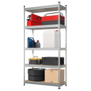 Belastbares, verzinktes KARAT Schwerlastregal Rhino mit Werkzeug und Reifen. Ideal für Garage und Werkstatt.