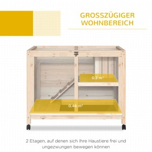 PawHut Kleintierkäfig aus hellem Tannenholz mit 2 Ebenen, Rampe und Rollen. Geräumiger Nagerstall.