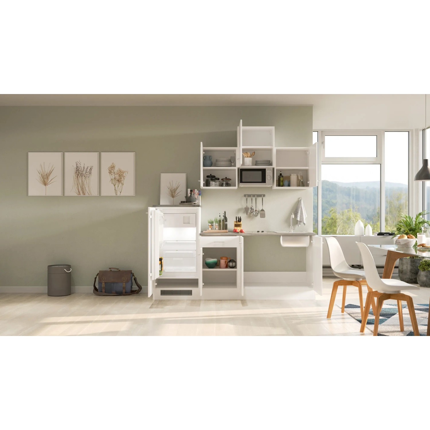 Flex-Well Küchenzeile Lucca 210 cm, weiß matt mit Kühlschrank, Spüle und Mikrowelle.