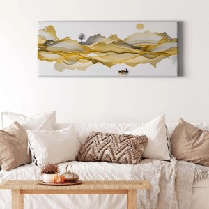 Modernes Leinwandbild mit Berglandschaft in Gold und Weiß. Ausgefallenes Wandbild mit Fluss und Baum.