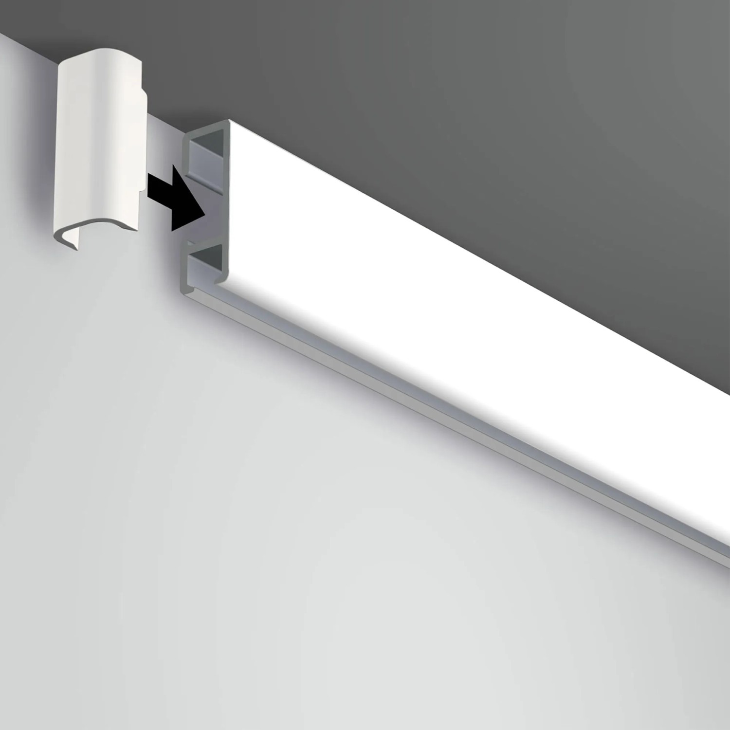 Artiteq Befestigungsset für Click Rail Bilderschiene in Weiß, Montage an Wand und Decke.