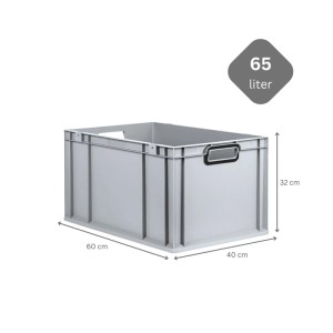 Graue PROREGAL Eurobox Nextgen, 65 Liter mit schwarzen Griffen und Auflagedeckel. Aufbewahrungsbox.