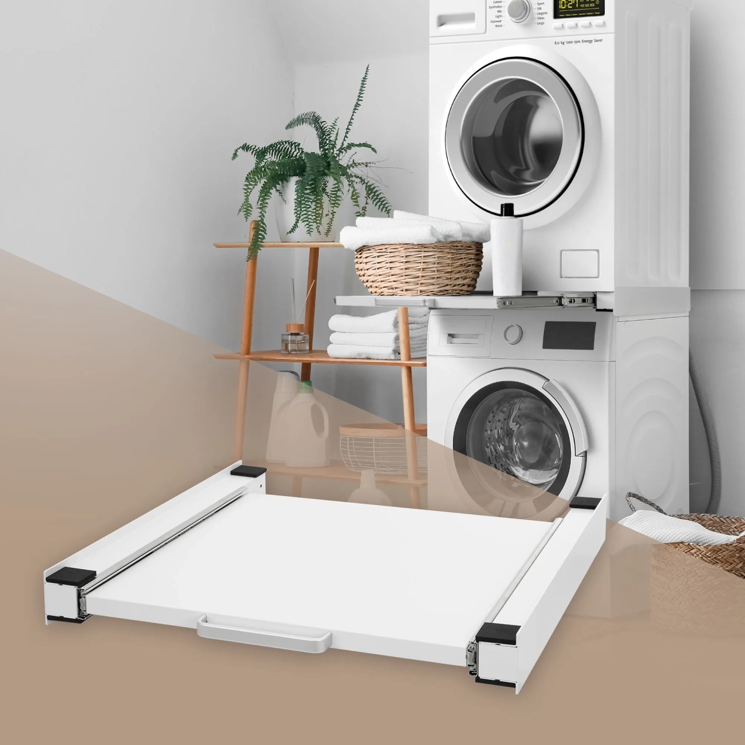Weißer ML-Design Zwischenbaurahmen mit Ausziehplatte für Waschmaschine, für mehr Komfort.